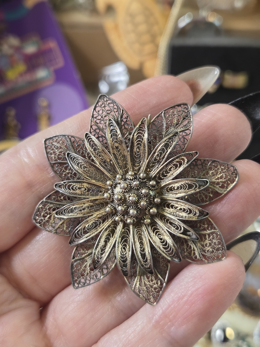 Antique 800 Silver Filigree Flower Brooch